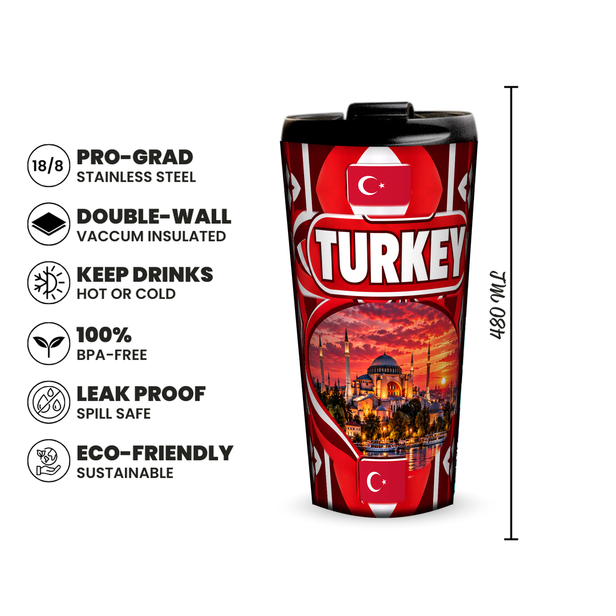 Turkey 480ml insulated tumbler features and size