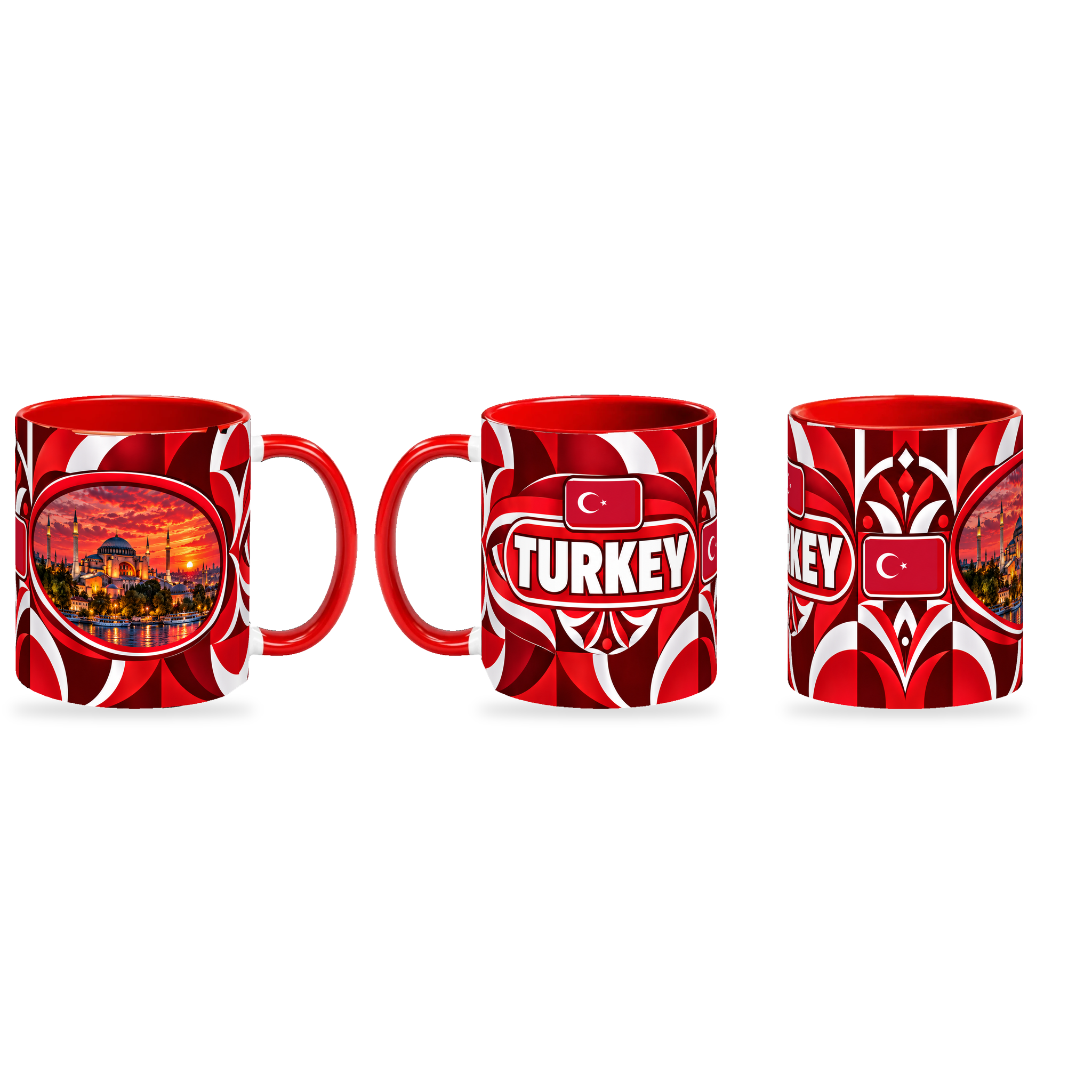 Turkey Mug – 320ml — three matching angles together on a white background with a soft shadow