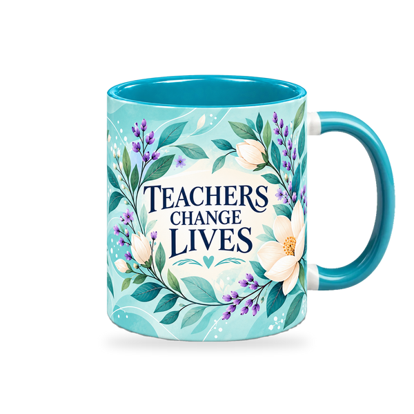 Turquoise Botanical Thanks Teacher Mug – 320ml, right view on a transparent background