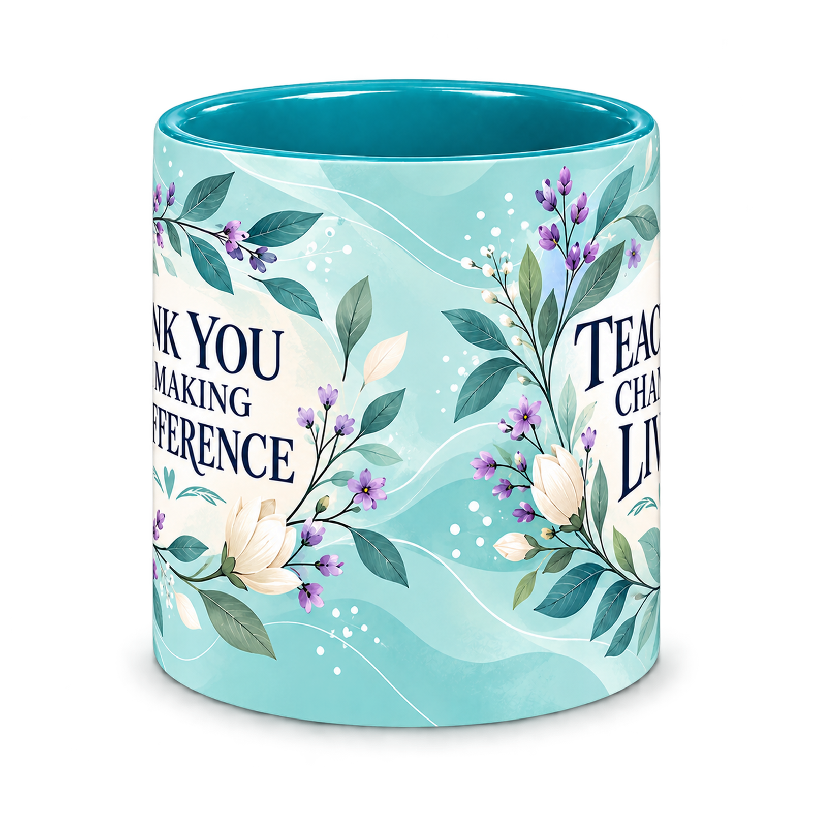 Turquoise Botanical Thanks Teacher Mug, teal – centre view of the full-wrap pattern