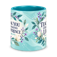 Turquoise Botanical Thanks Teacher Mug, teal – centre view of the full-wrap pattern