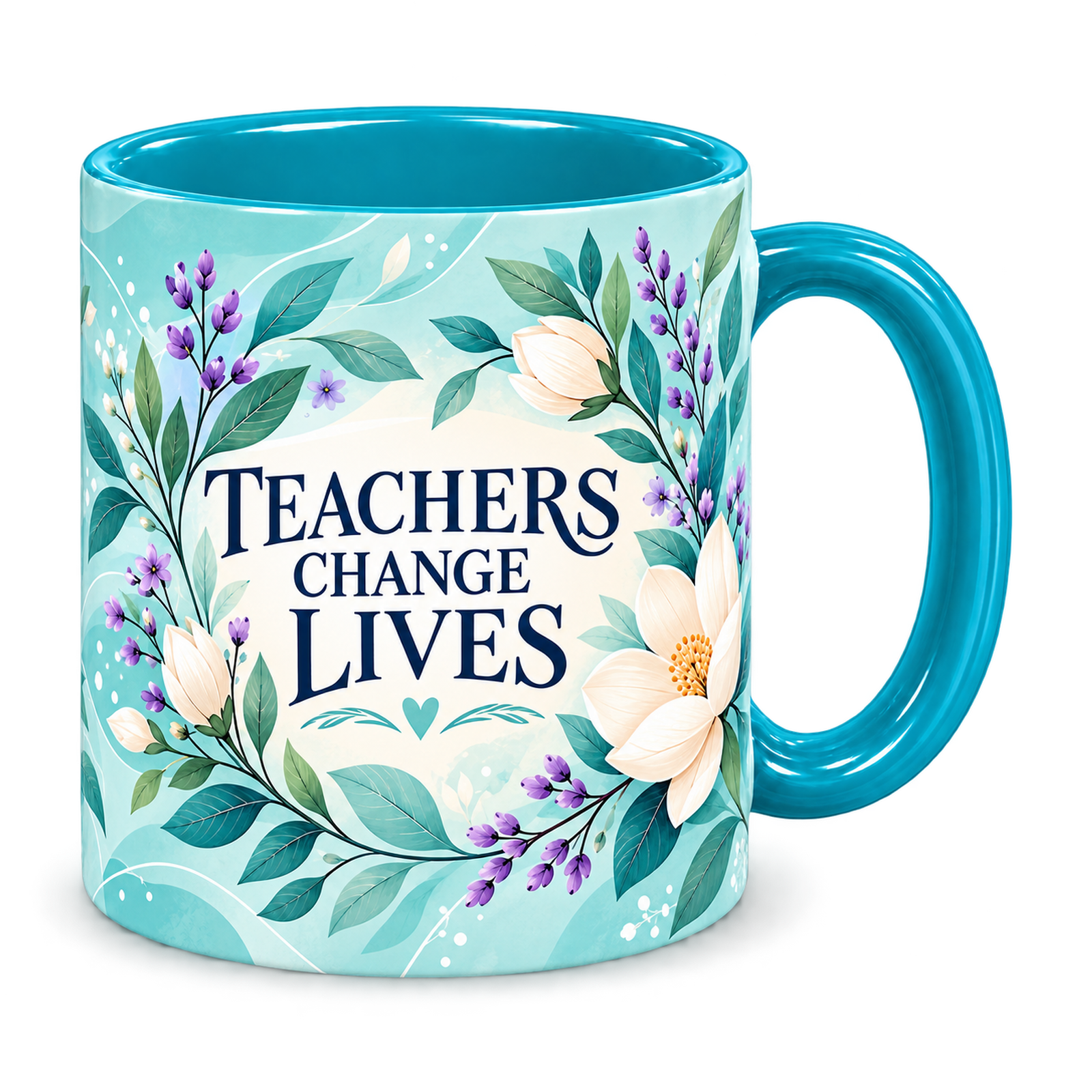 Turquoise Botanical Thanks Teacher Mug, teal – handle on the right, TEACHERS CHANGE LIVES