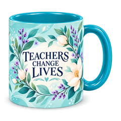 Turquoise Botanical Thanks Teacher Mug, teal – handle on the right, TEACHERS CHANGE LIVES