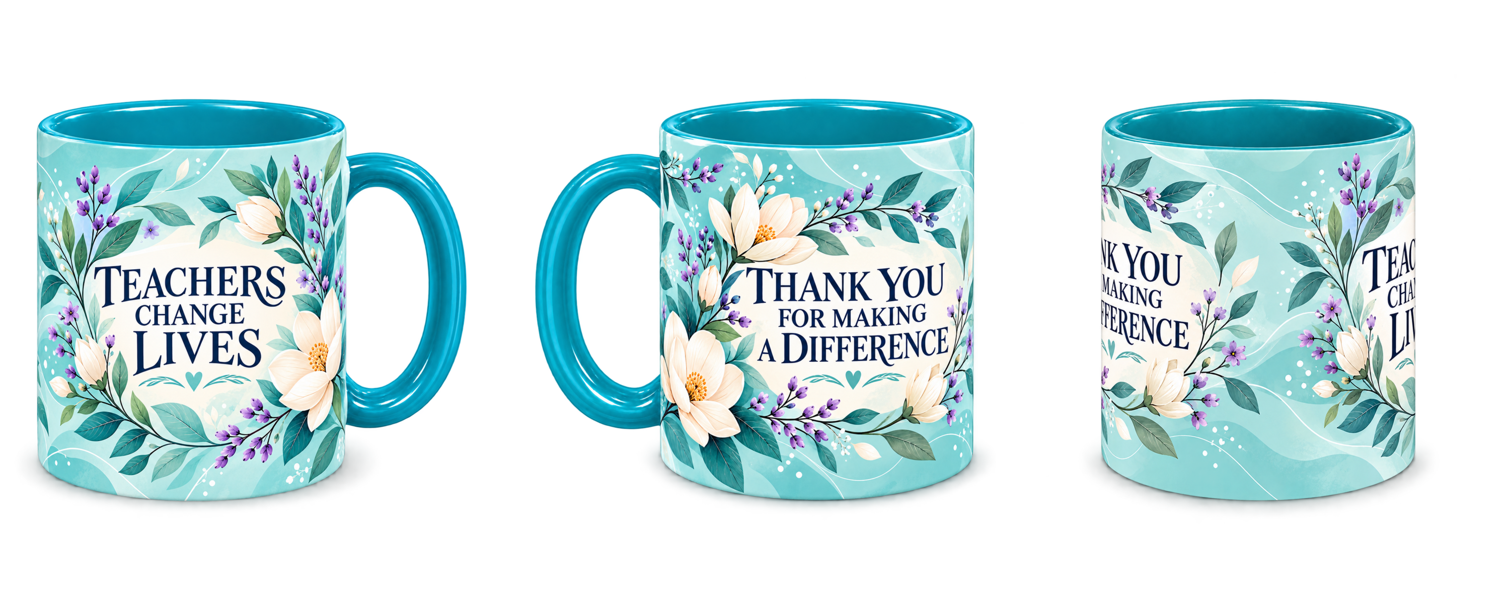 Turquoise Botanical Thanks Teacher Mug, teal – right, left and centre views side by side