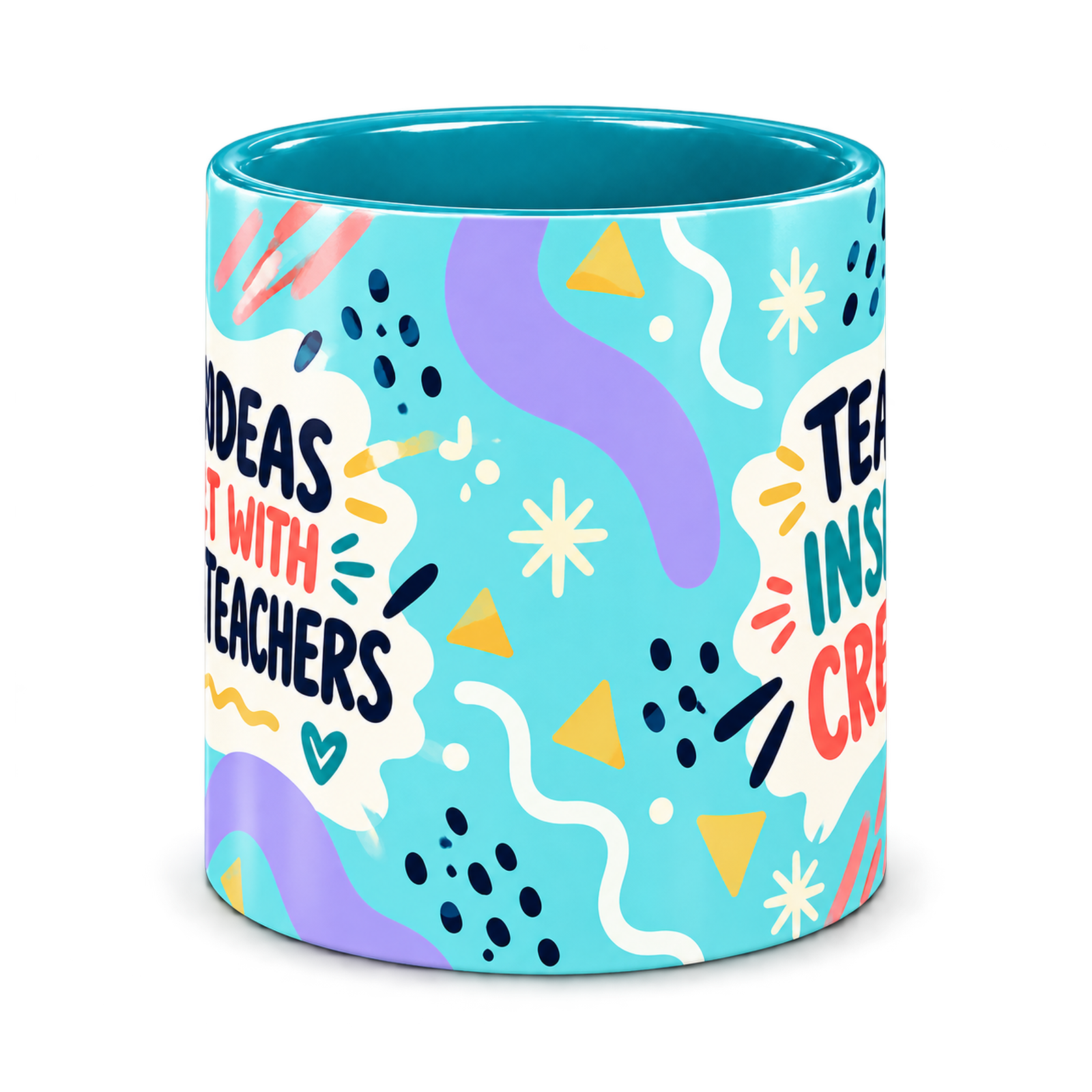 Turquoise Bright Ideas Teacher Mug, teal – centre view of the full-wrap pattern