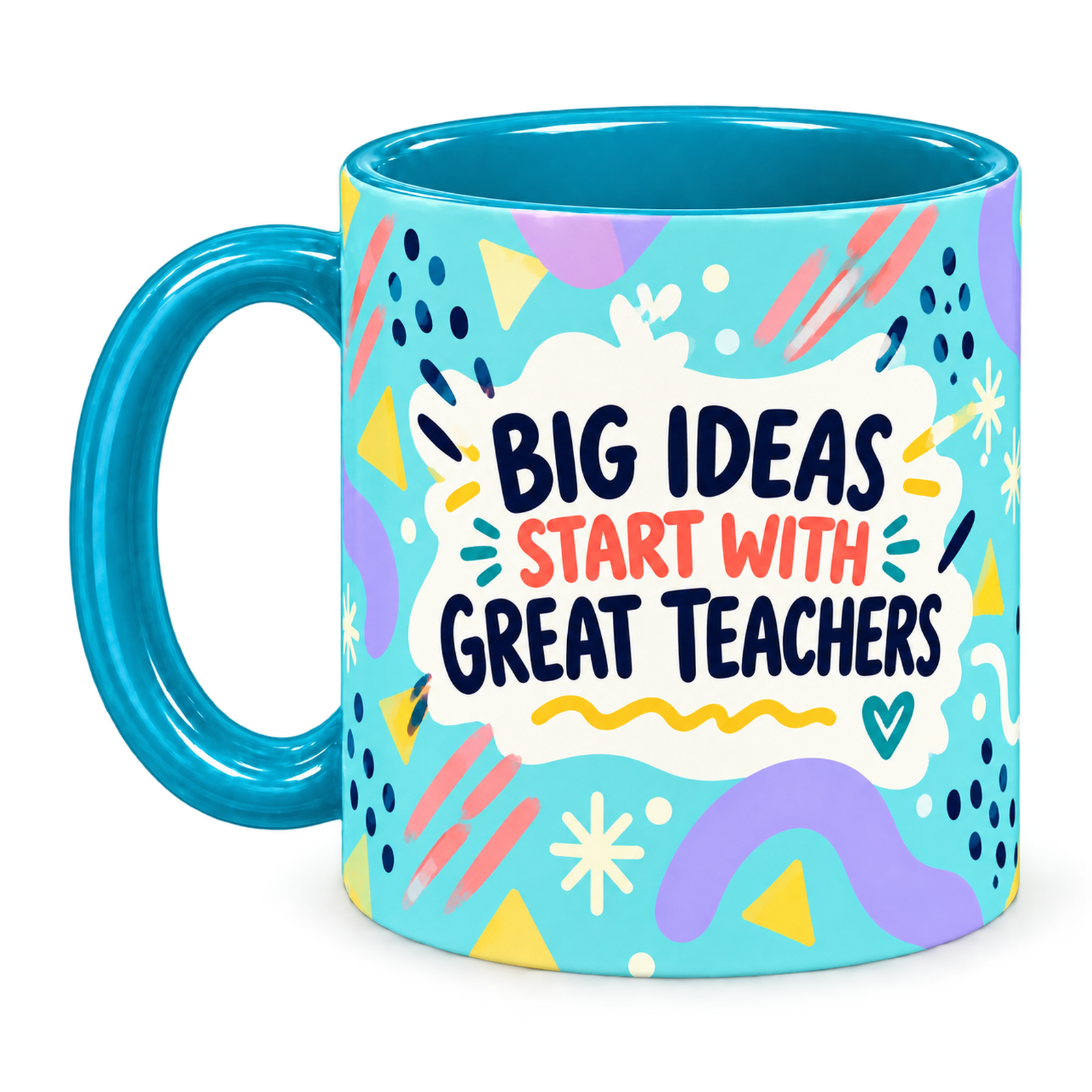 Turquoise Bright Ideas Teacher Mug, teal – handle on the left, BIG IDEAS START WITH GREAT TEACHERS