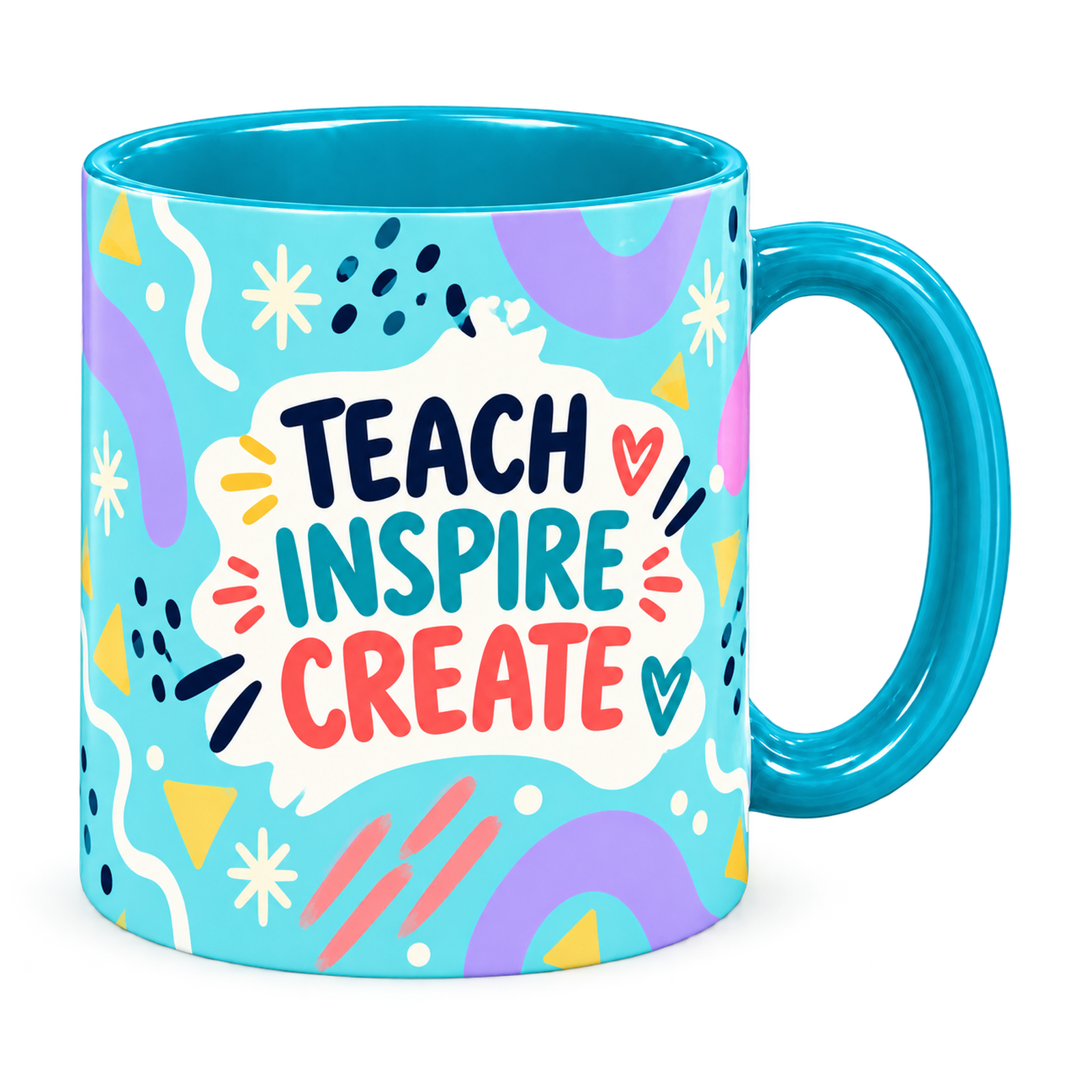 Turquoise Bright Ideas Teacher Mug, teal – handle on the right, TEACH INSPIRE CREATE