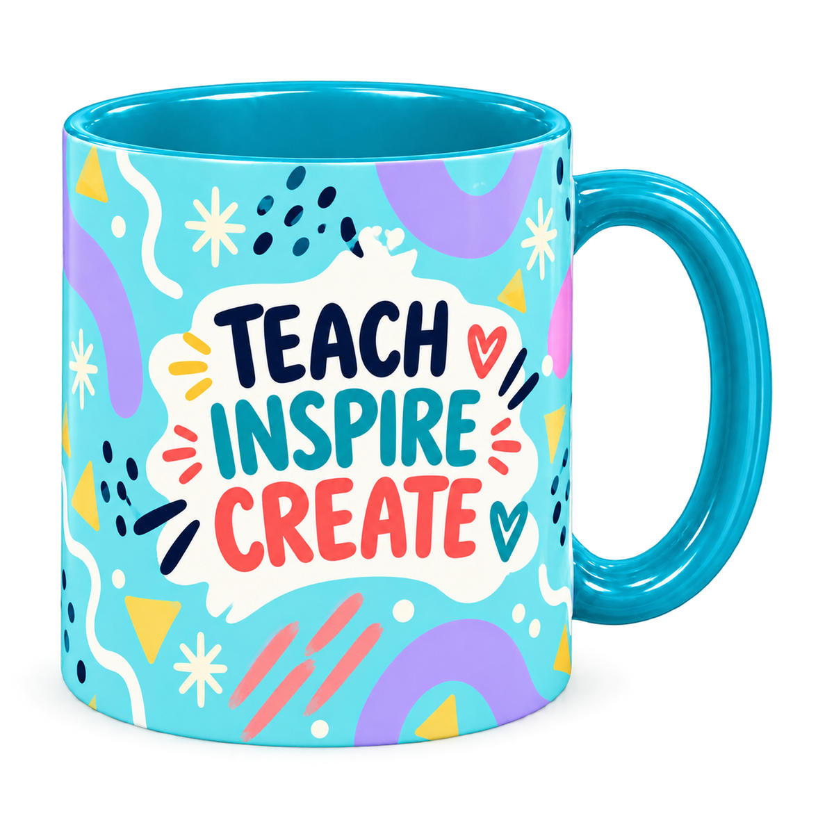 Turquoise Bright Ideas Teacher Mug, teal – handle on the right, TEACH INSPIRE CREATE