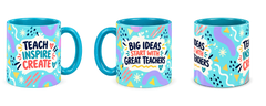 Turquoise Bright Ideas Teacher Mug, teal – right, left and centre views side by side