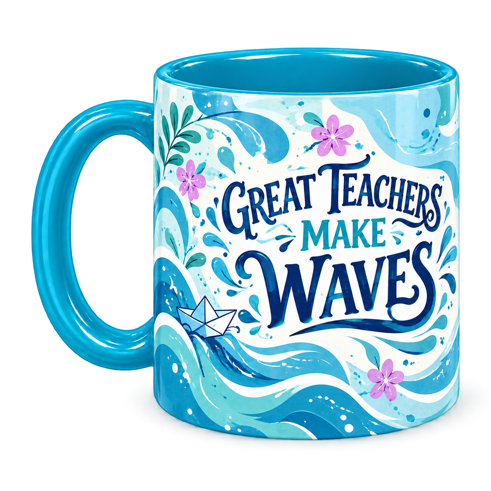 Turquoise Ripple Effect Teacher Mug, teal – handle on the left, GREAT TEACHERS MAKE WAVES