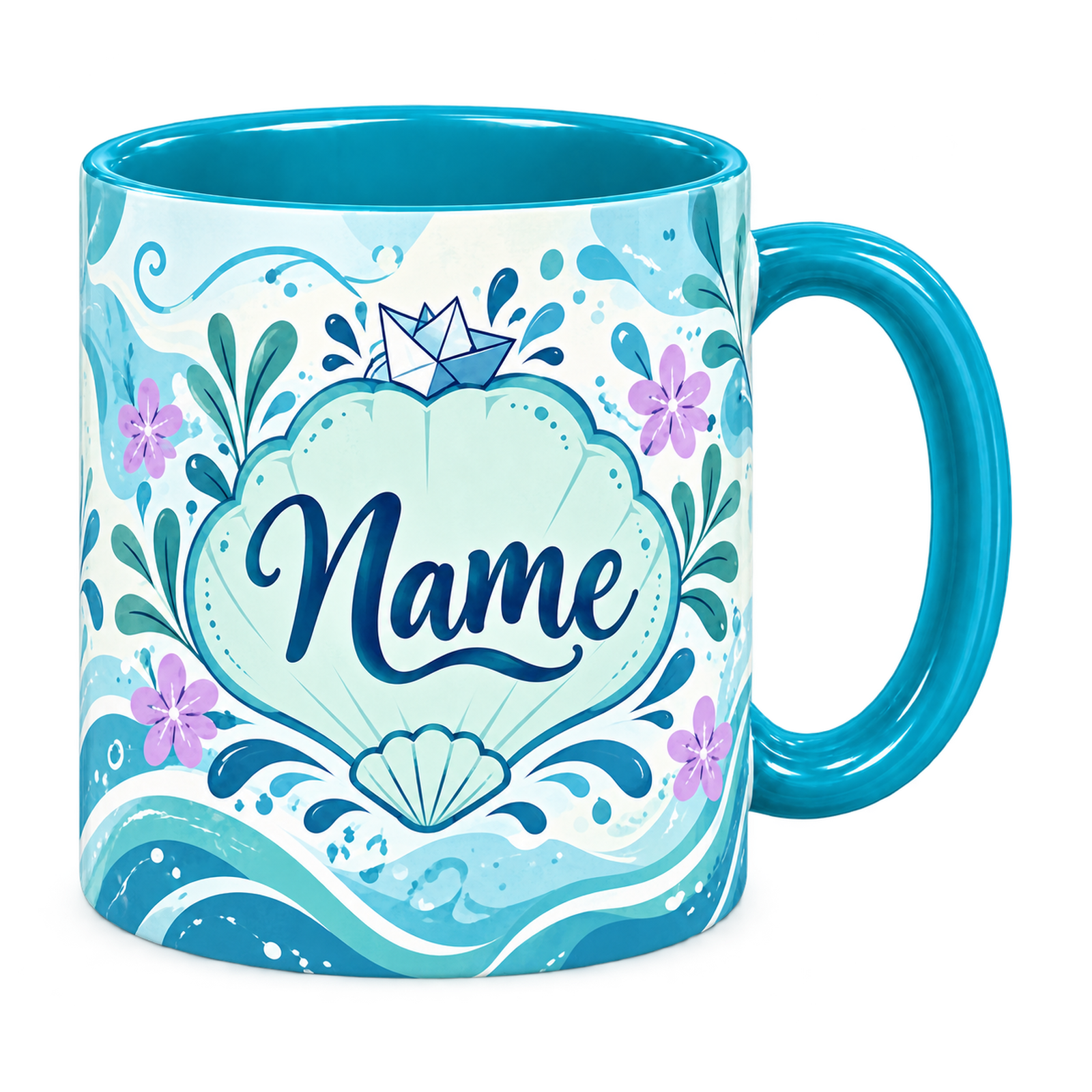 Turquoise Ripple Effect Teacher Mug, teal – handle on the right, Name