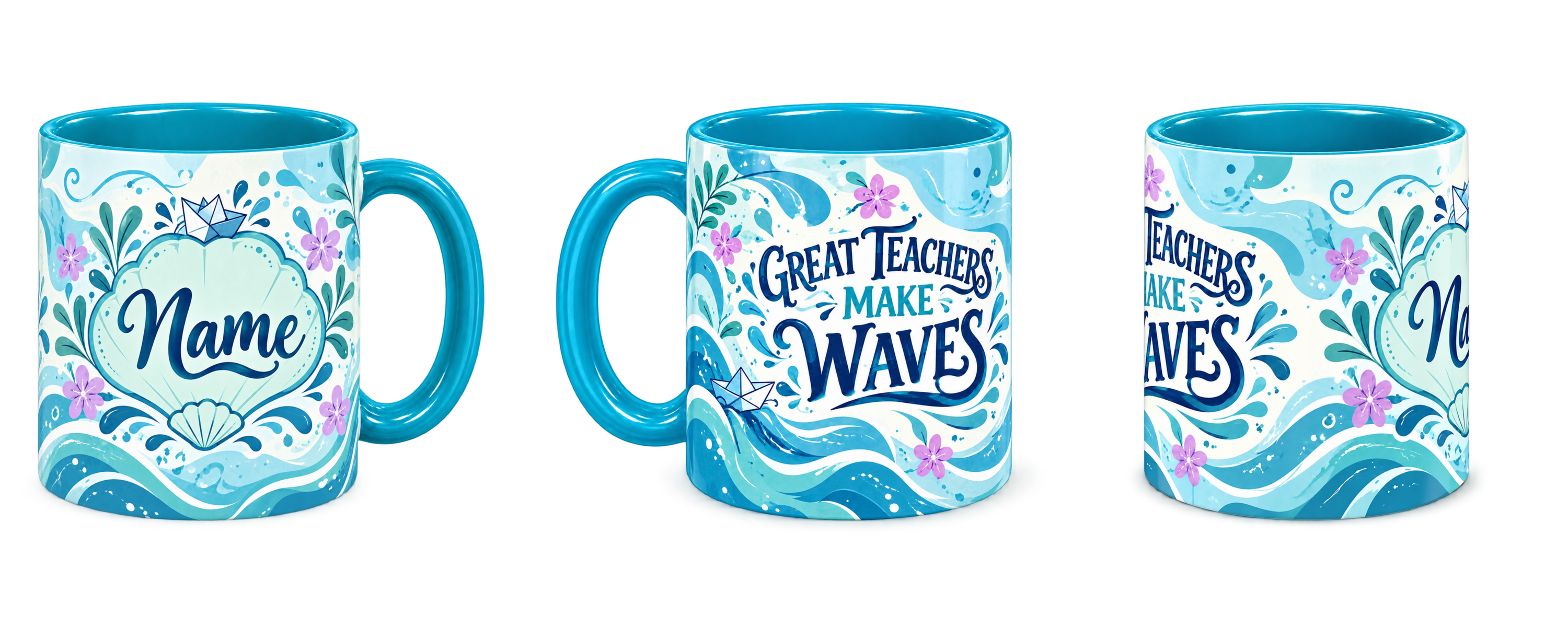 Turquoise Ripple Effect Teacher Mug, teal – right, left and centre views side by side