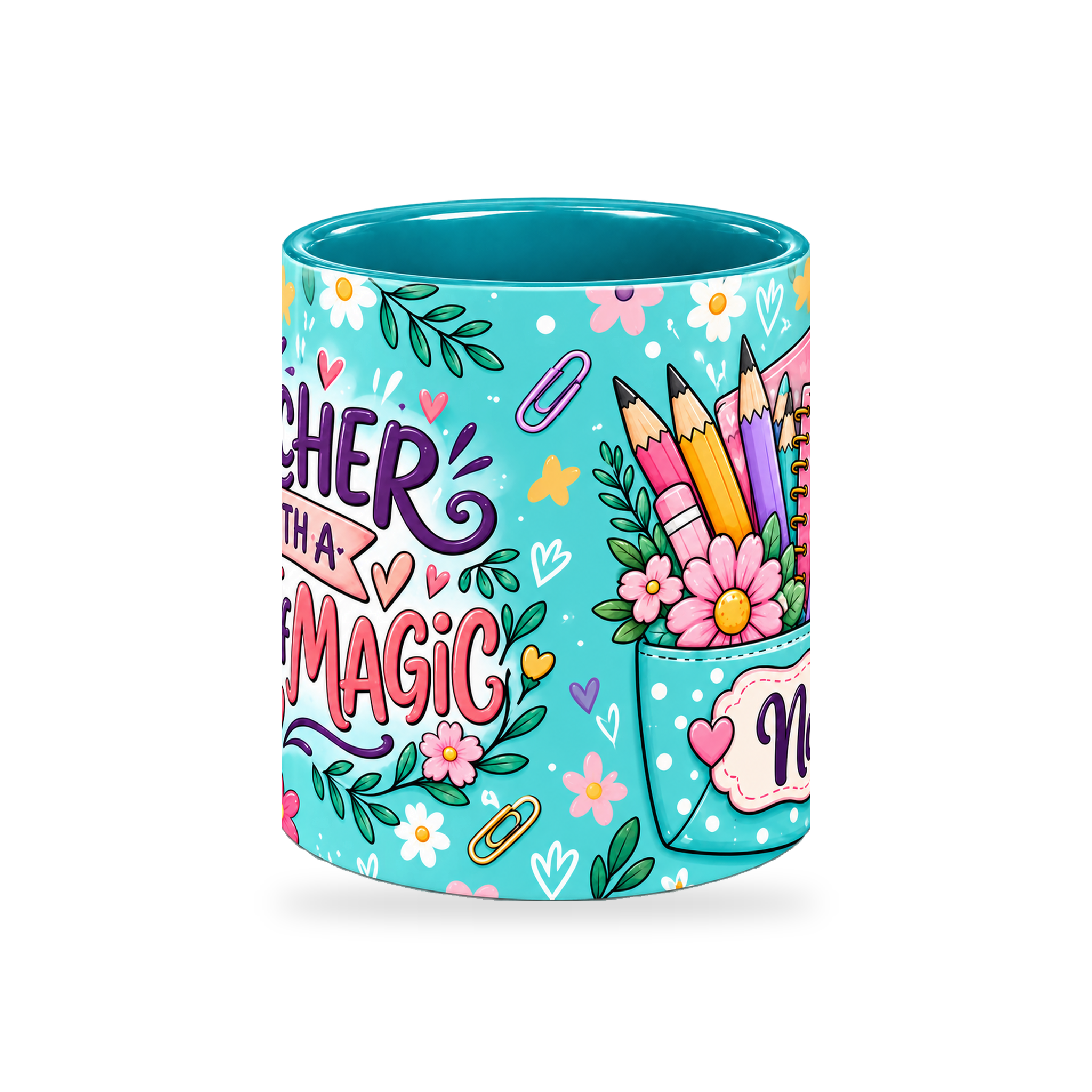 Turquoise Stationery Pocket Teacher Mug – 320ml — center view on a transparent background