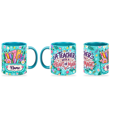 Turquoise Stationery Pocket Teacher Mug – 320ml — right, left and front views together on a transparent background