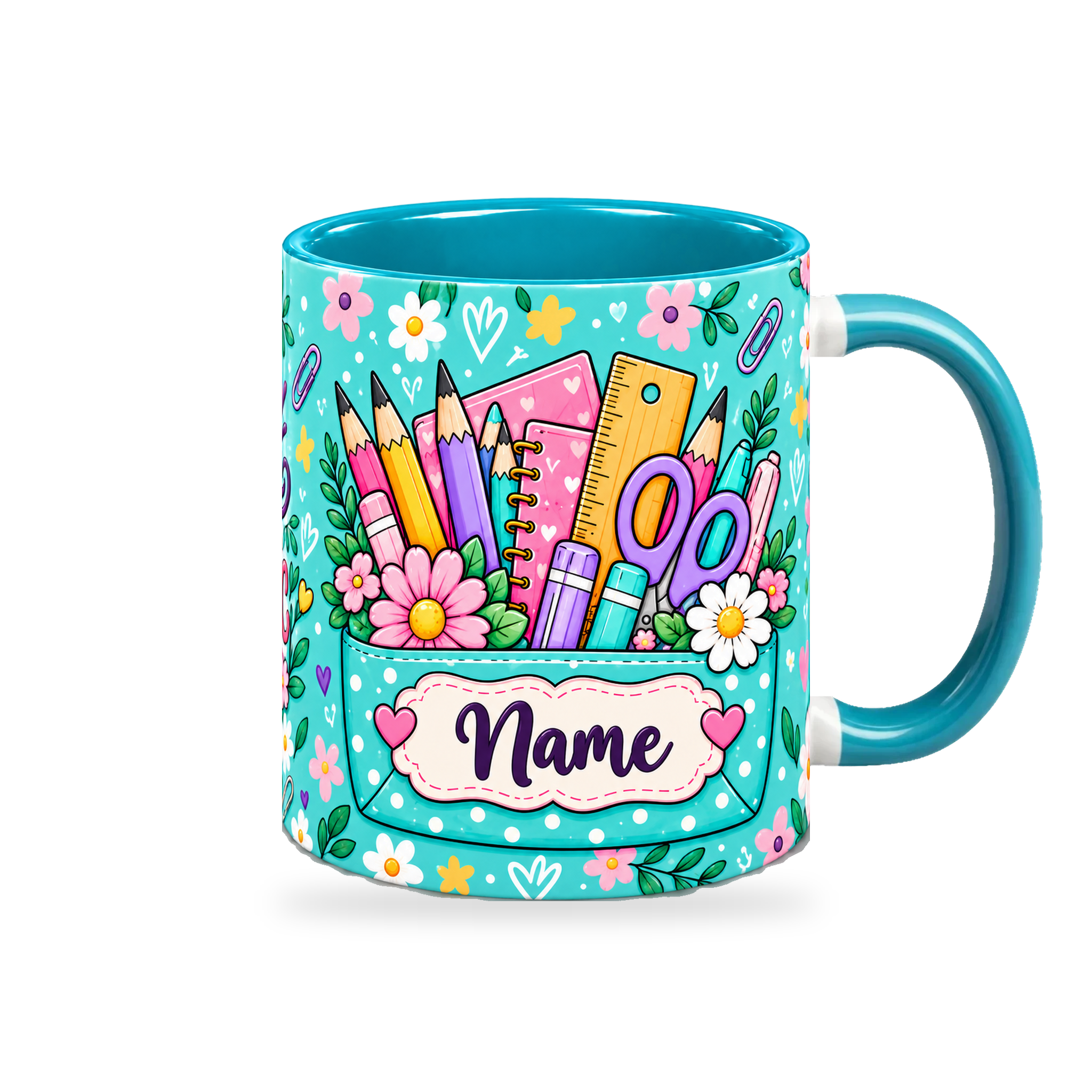 Turquoise Stationery Pocket Teacher Mug – 320ml — right view on a transparent background
