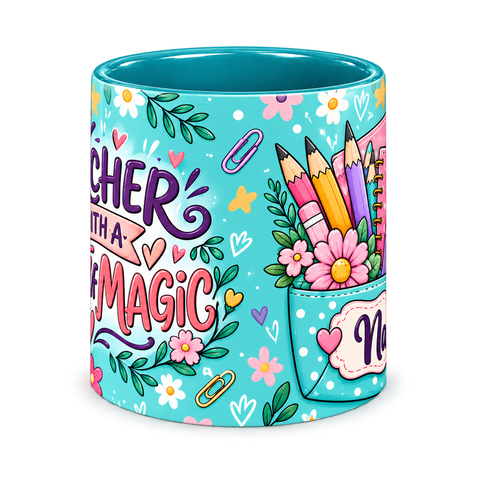 Turquoise Stationery Pocket Teacher Mug, teal – centre view of the full-wrap pattern