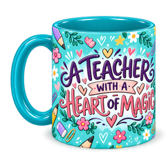Turquoise Stationery Pocket Teacher Mug, teal – handle on the left, A TEACHER WITH A HEART OF MAGIC