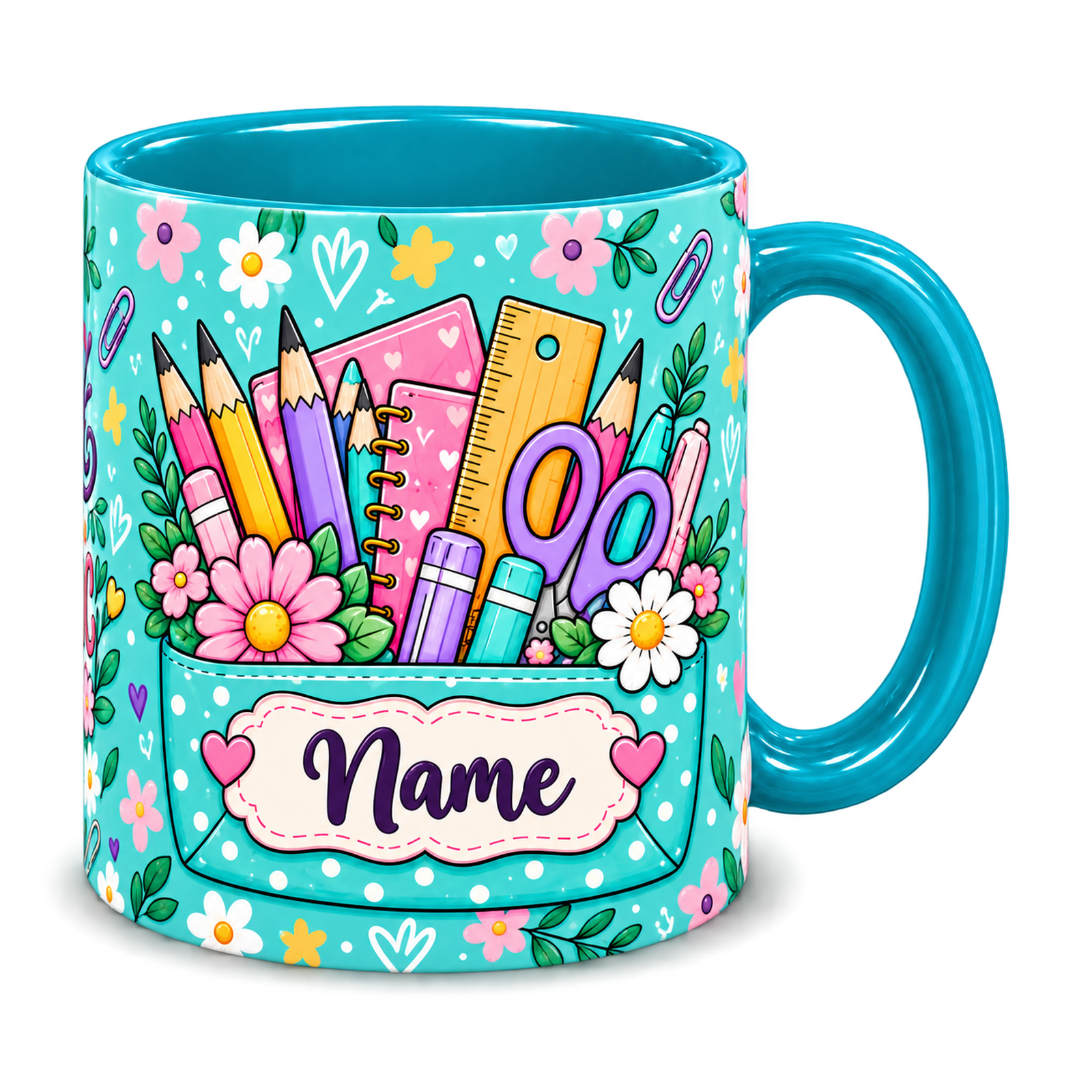 Turquoise Stationery Pocket Teacher Mug, teal – handle on the right, Name