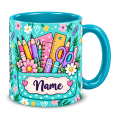 Turquoise Stationery Pocket Teacher Mug, teal – handle on the right, Name