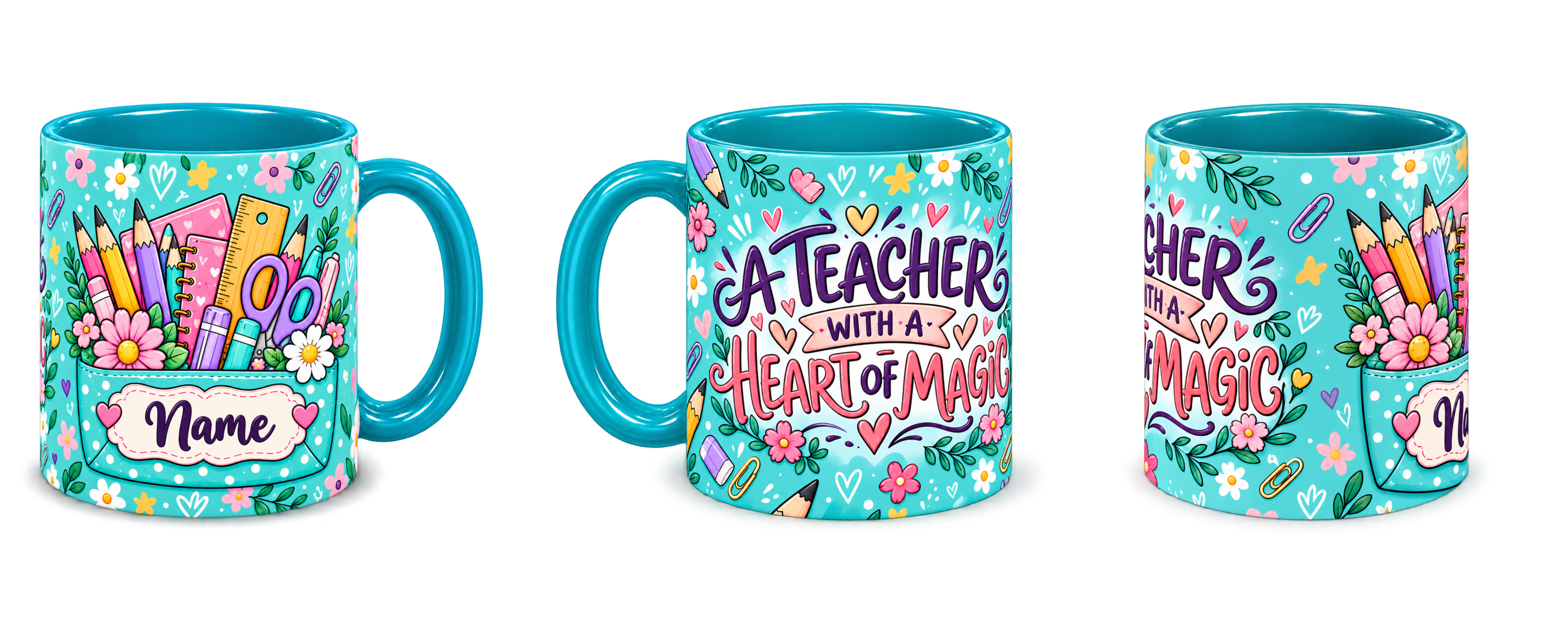Turquoise Stationery Pocket Teacher Mug, teal – right, left and centre views side by side