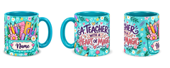 Turquoise Stationery Pocket Teacher Mug, teal – right, left and centre views side by side