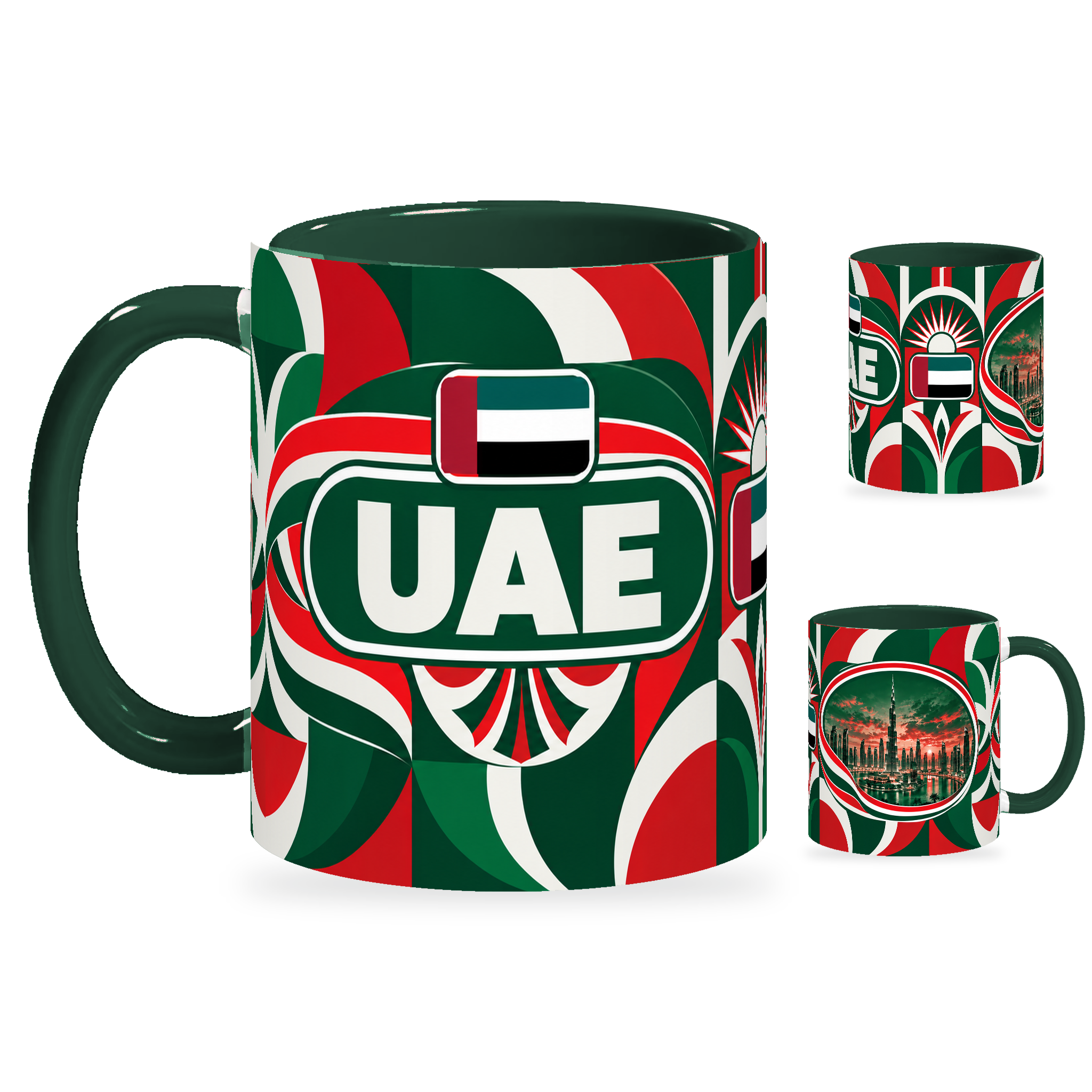 UAE Mug – 320ml with dark green handle, showing the country-name side plus companion centered-flag and landmark views of the glossy full-wrap design by Fann Bliss.