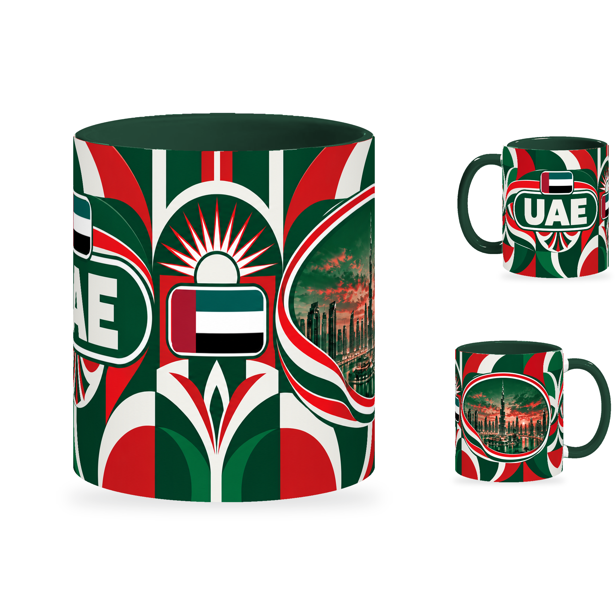 UAE Mug – 320ml with dark green handle, showing the centered flag view plus companion country-name and landmark views of the glossy full-wrap design by Fann Bliss.