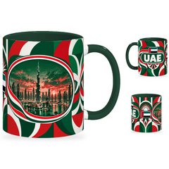 UAE Mug – 320ml with dark green handle, showing the landmark side plus companion country-name and centered-flag views of the glossy full-wrap design by Fann Bliss.