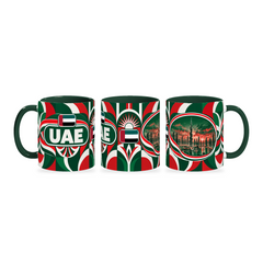 UAE Mug – 320ml with dark green handle, shown in three matching angles of the glossy full-wrap design by Fann Bliss.
