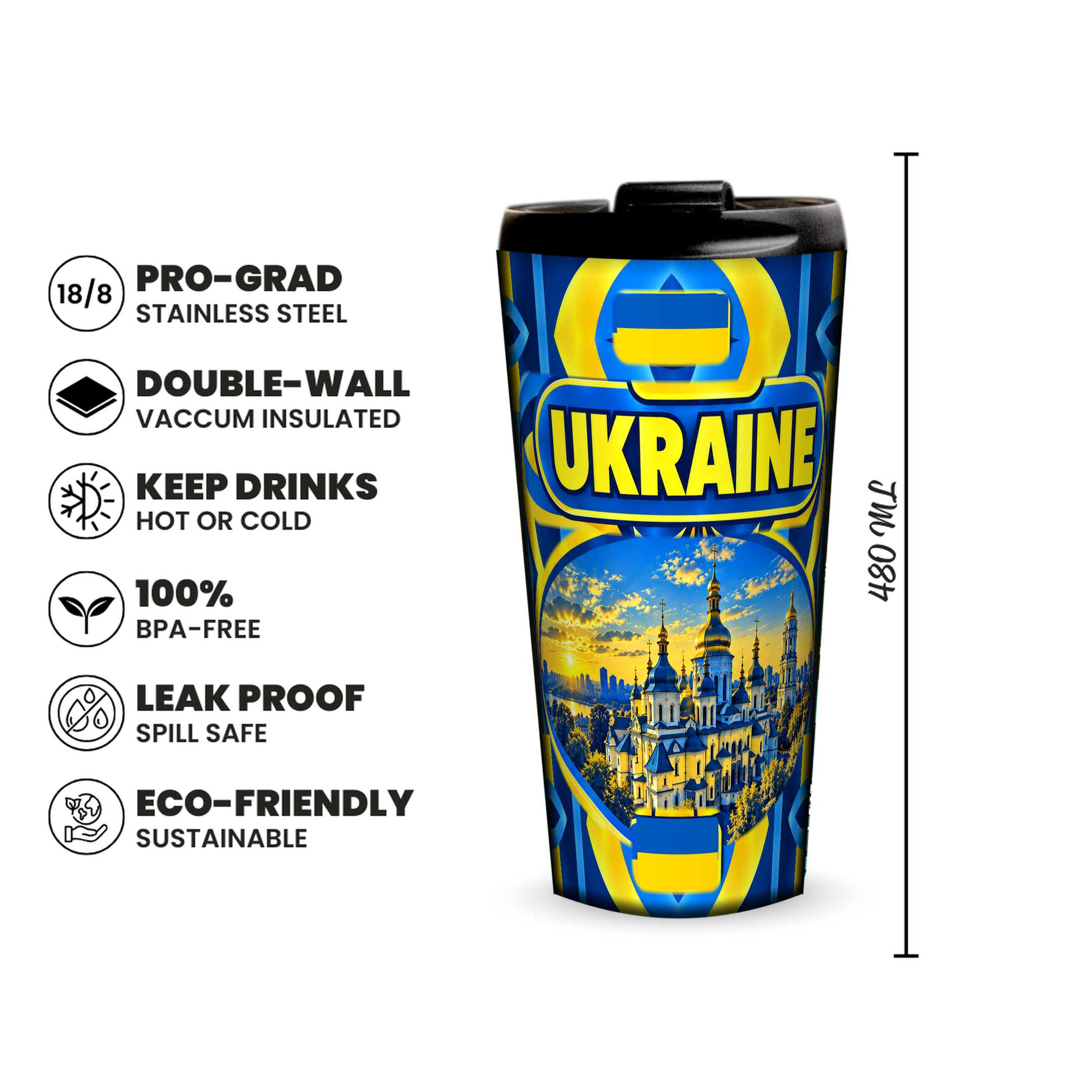 Ukraine 480ml insulated tumbler features and size