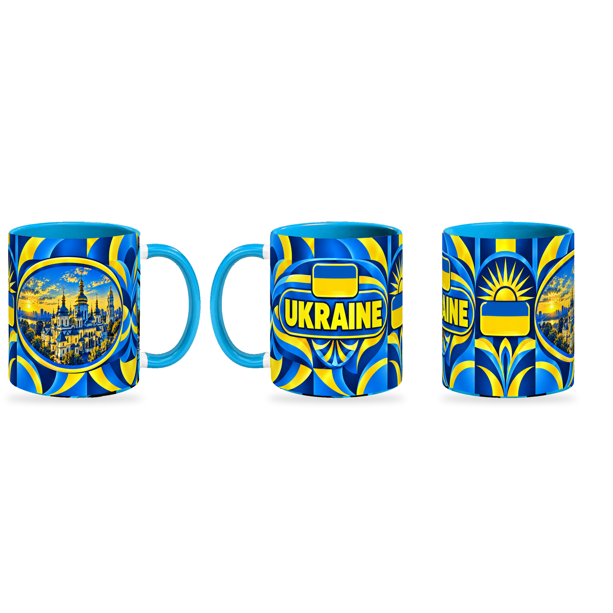 Ukraine Mug – 320ml — three matching angles together on white with a soft shadow