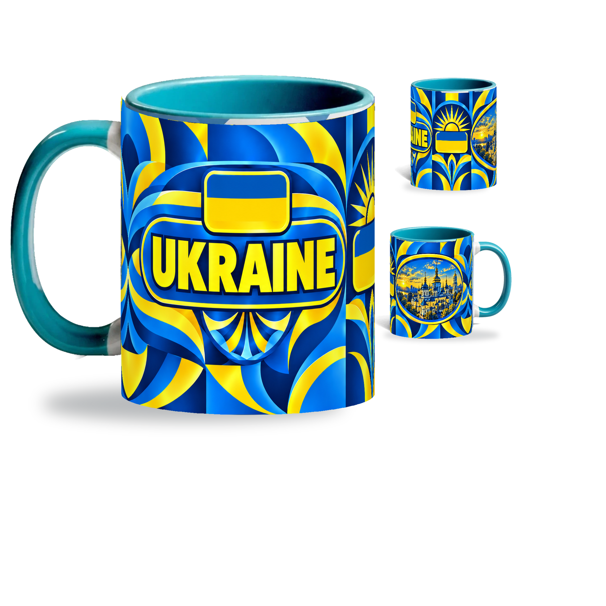 Ukraine Mug Teal – 320ml with teal handle, showing the country-name side plus companion centered-flag and landmark views of the glossy full-wrap design by Fann Bliss.