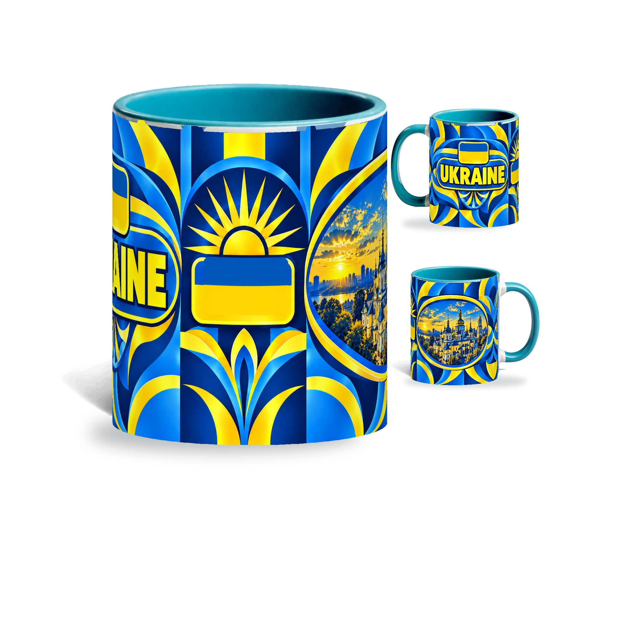 Ukraine Mug Teal – 320ml with teal handle, showing the centered flag view plus companion country-name and landmark views of the glossy full-wrap design by Fann Bliss.