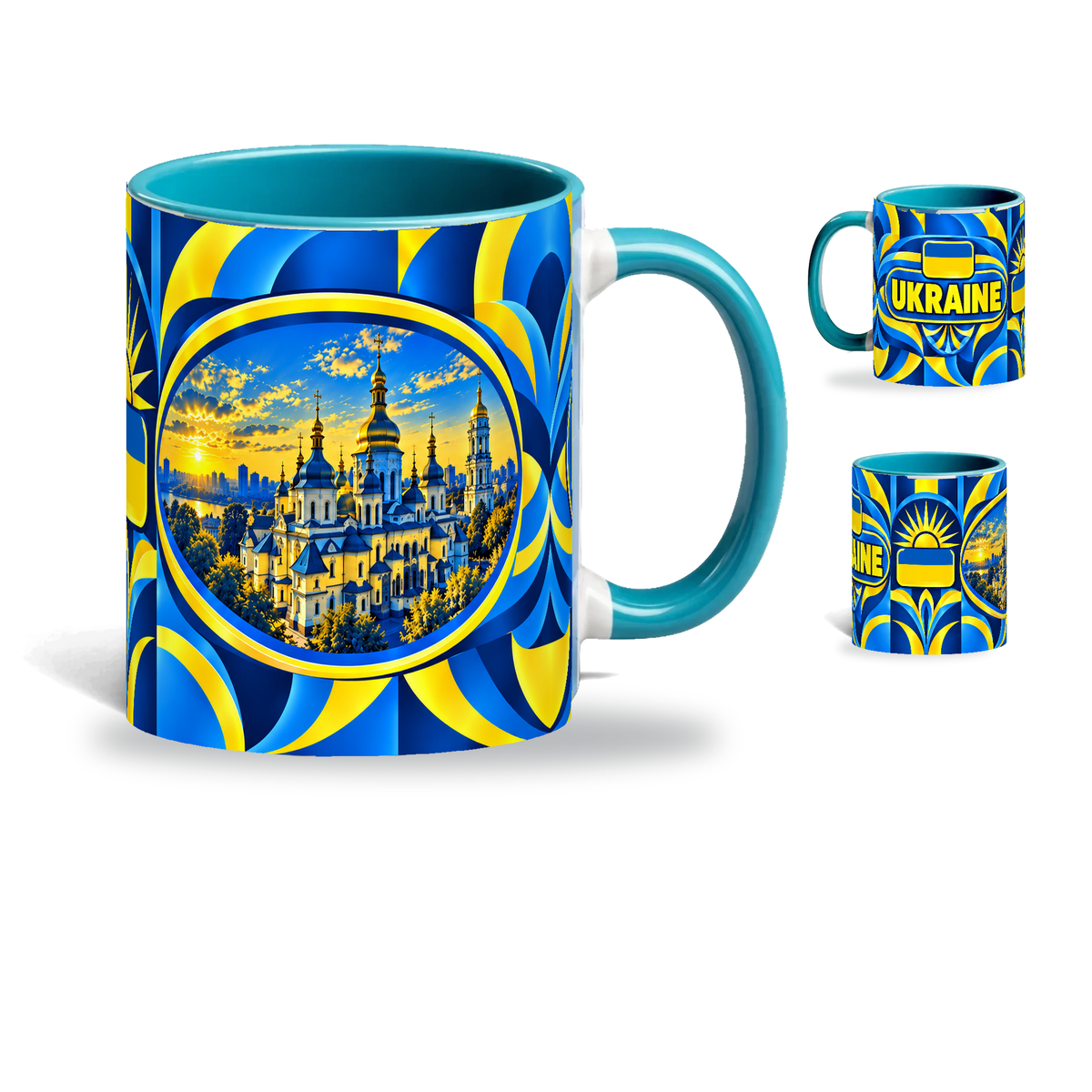 Ukraine Mug Teal – 320ml with teal handle, showing the landmark side plus companion country-name and centered-flag views of the glossy full-wrap design by Fann Bliss.