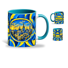 Ukraine Mug Teal – 320ml with teal handle, showing the landmark side plus companion country-name and centered-flag views of the glossy full-wrap design by Fann Bliss.
