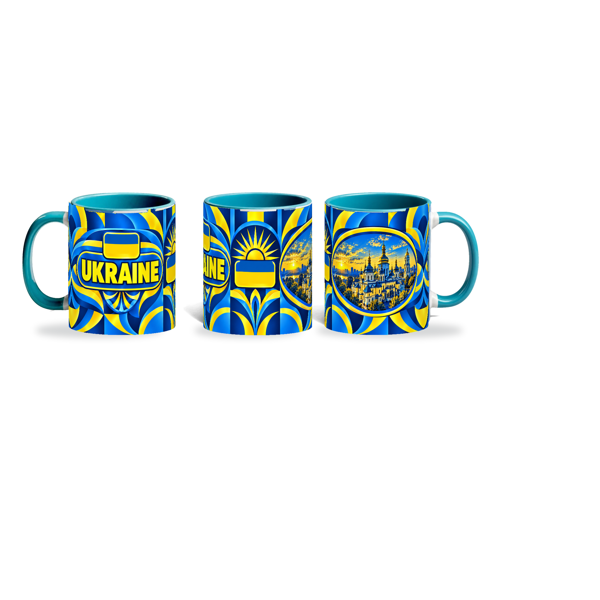 Ukraine Mug Teal – 320ml with teal handle, shown in three matching angles of the glossy full-wrap design by Fann Bliss.