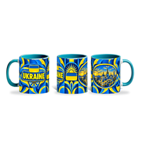 Ukraine Mug Teal – 320ml with teal handle, shown in three matching angles of the glossy full-wrap design by Fann Bliss.
