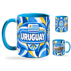 Uruguay Mug – 320ml with light-blue handle, showing the country-name side plus companion centered-flag and landmark views of the glossy full-wrap design by Fann Bliss.