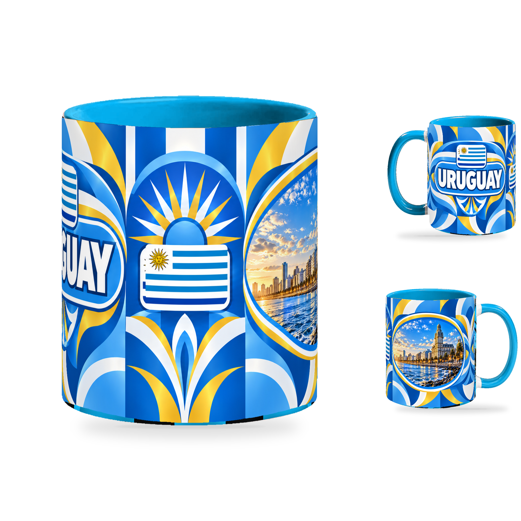 Uruguay Mug – 320ml with light-blue handle, showing the centered flag view plus companion country-name and landmark views of the glossy full-wrap design by Fann Bliss.