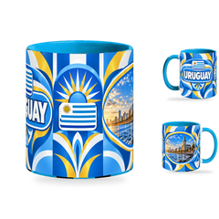 Uruguay Mug – 320ml with light-blue handle, showing the centered flag view plus companion country-name and landmark views of the glossy full-wrap design by Fann Bliss.