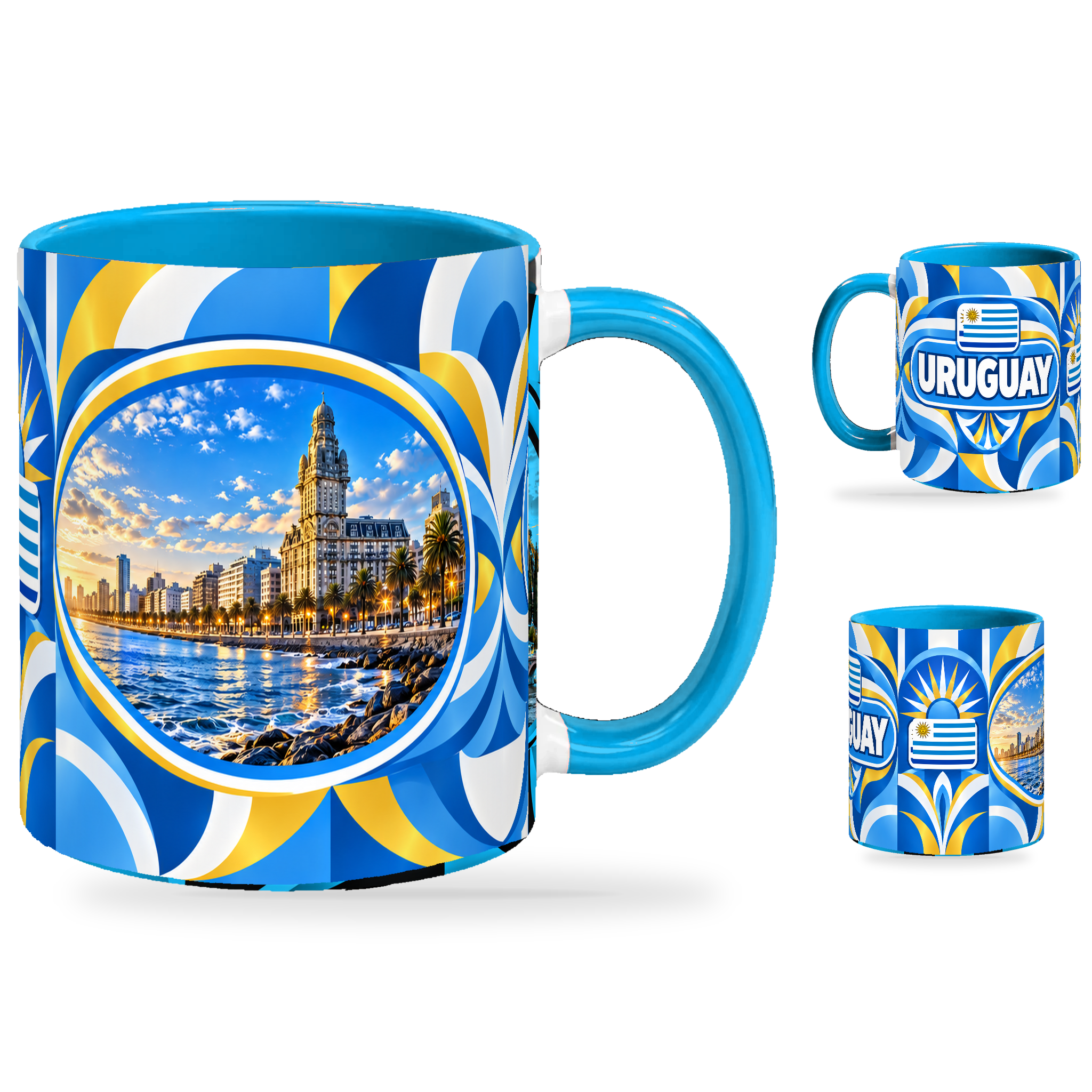 Uruguay Mug – 320ml with light-blue handle, showing the landmark side plus companion country-name and centered-flag views of the glossy full-wrap design by Fann Bliss.