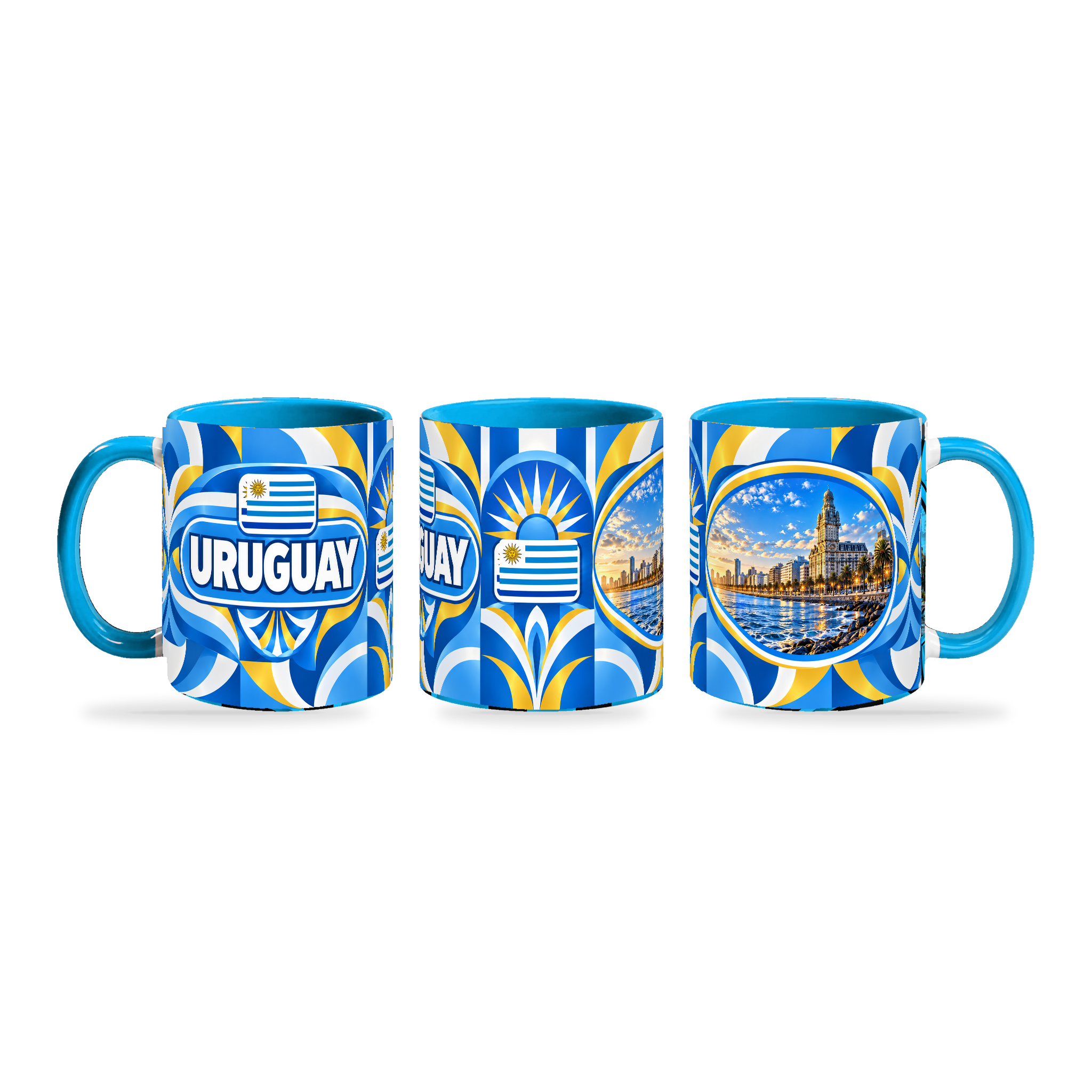 Uruguay Mug – 320ml with light-blue handle, shown in three matching angles of the glossy full-wrap design by Fann Bliss.