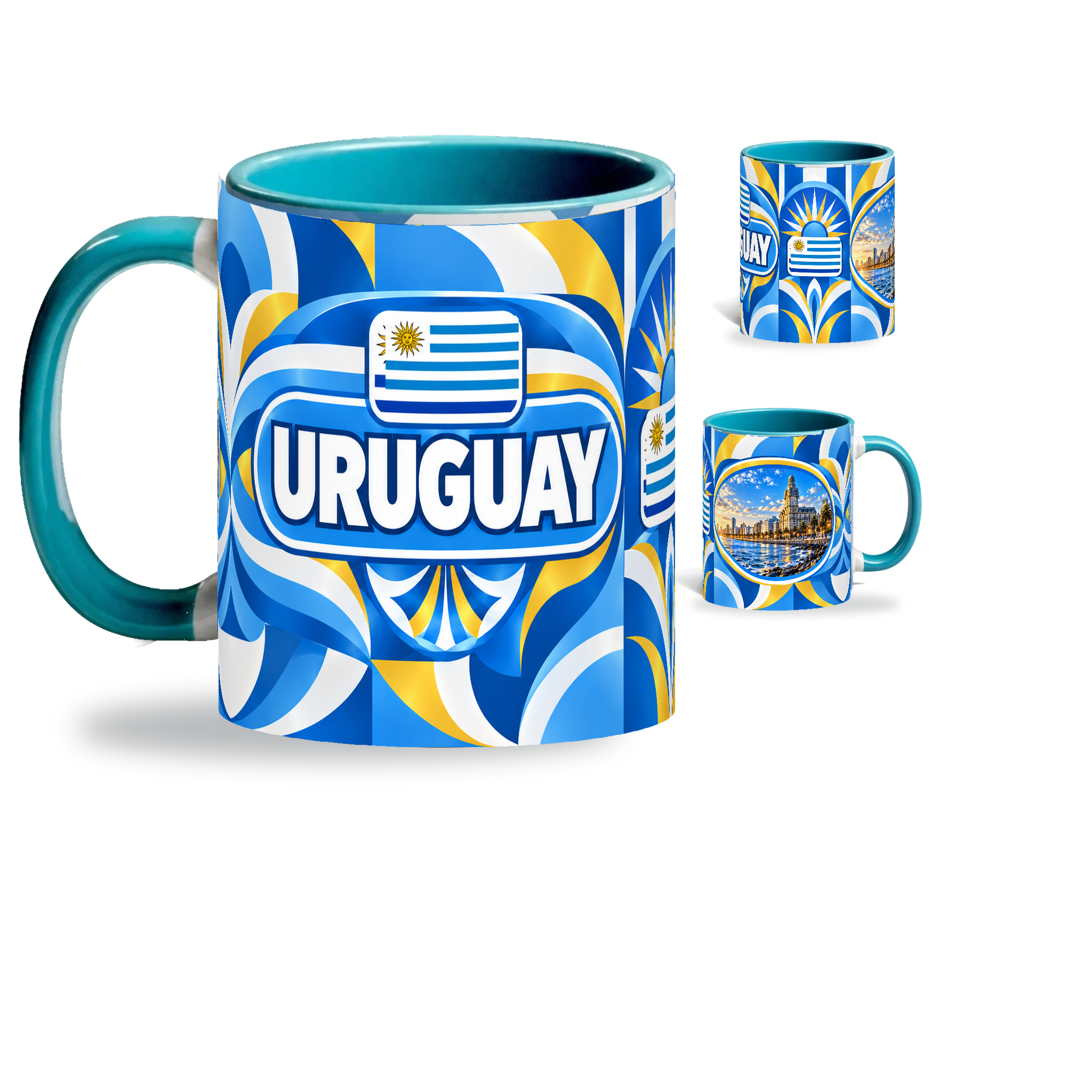 Uruguay Mug Teal – 320ml with teal handle, showing the country-name side plus companion centered-flag and landmark views of the glossy full-wrap design by Fann Bliss.