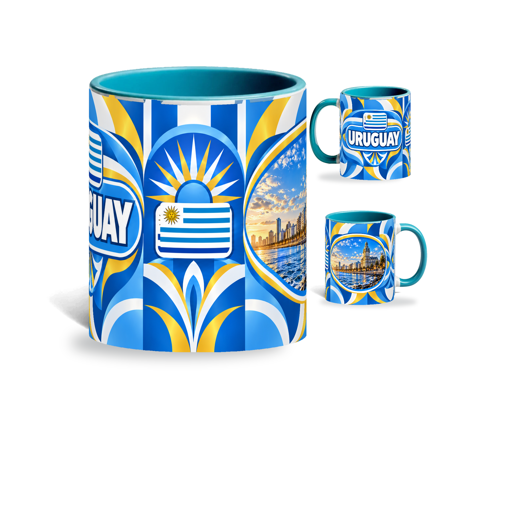 Uruguay Mug Teal – 320ml with teal handle, showing the centered flag view plus companion country-name and landmark views of the glossy full-wrap design by Fann Bliss.