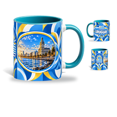 Uruguay Mug Teal – 320ml with teal handle, showing the landmark side plus companion country-name and centered-flag views of the glossy full-wrap design by Fann Bliss.
