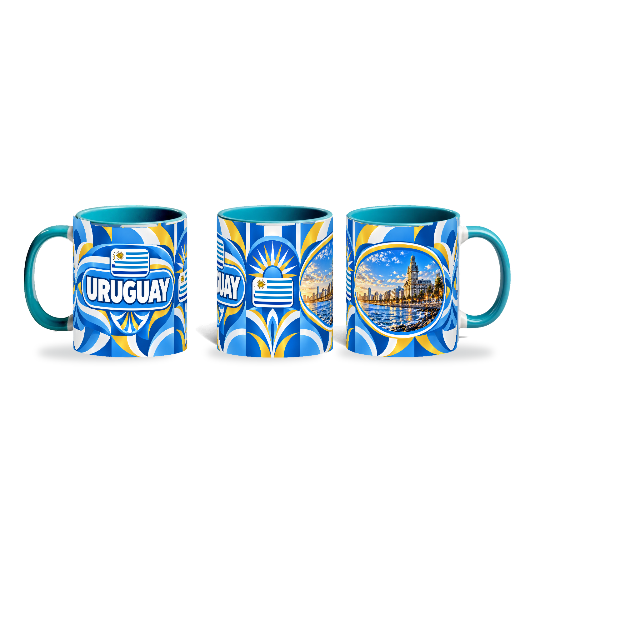 Uruguay Mug Teal – 320ml with teal handle, shown in three matching angles of the glossy full-wrap design by Fann Bliss.