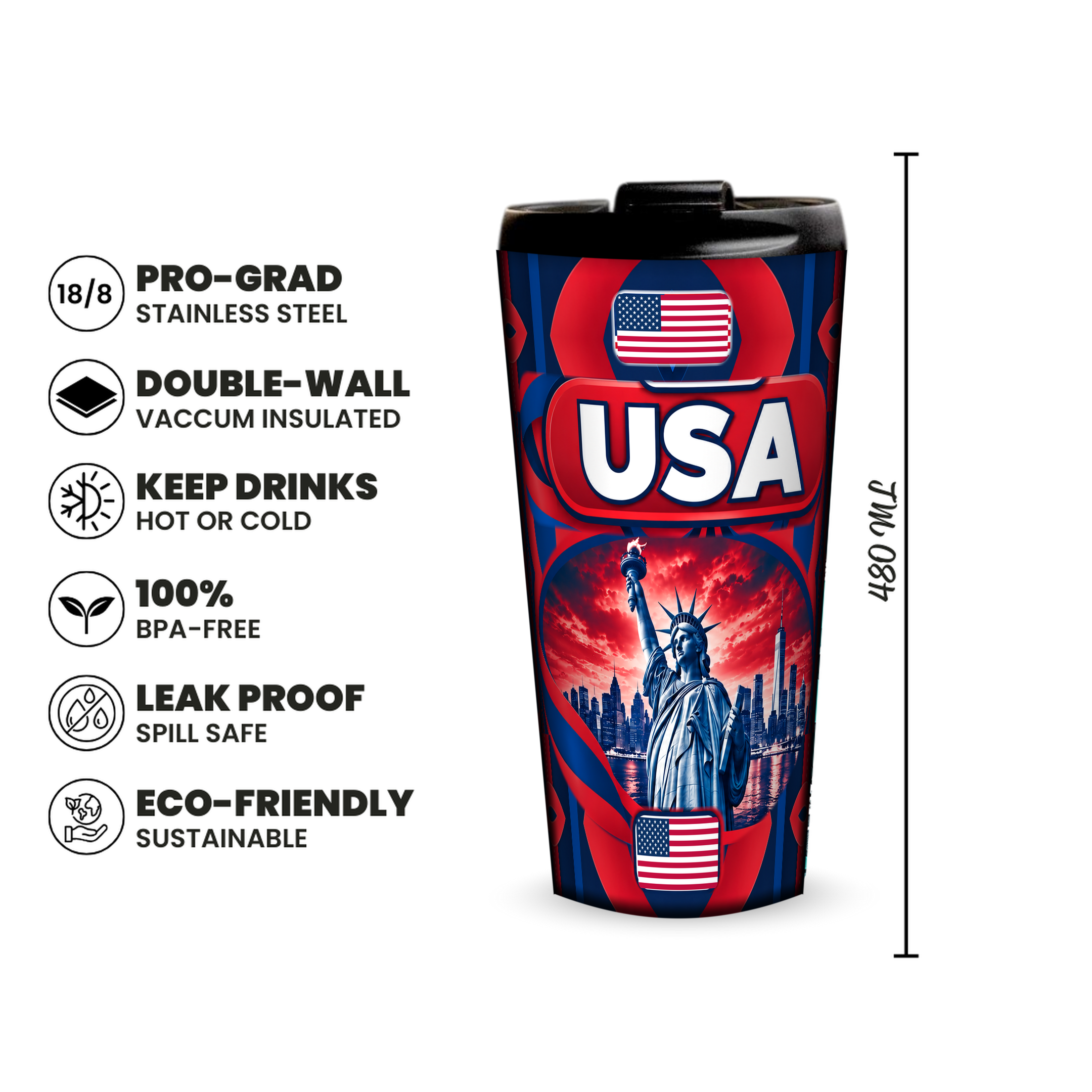 USA 480ml insulated tumbler features and size