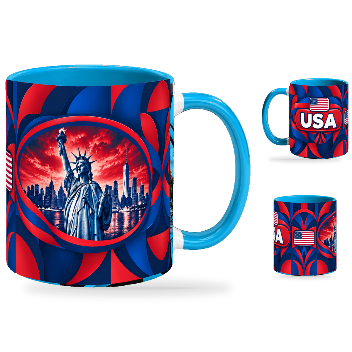 USA Mug – 320ml with light-blue handle, showing the landmark side plus companion country-name and centered-flag views of the glossy full-wrap design by Fann Bliss.