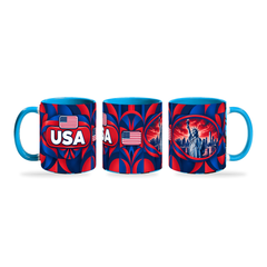 USA Mug – 320ml with light-blue handle, shown in three matching angles of the glossy full-wrap design by Fann Bliss.