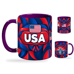 USA Mug Purple – 320ml with purple handle, showing the country-name side plus companion centered-flag and landmark views of the glossy full-wrap design by Fann Bliss.